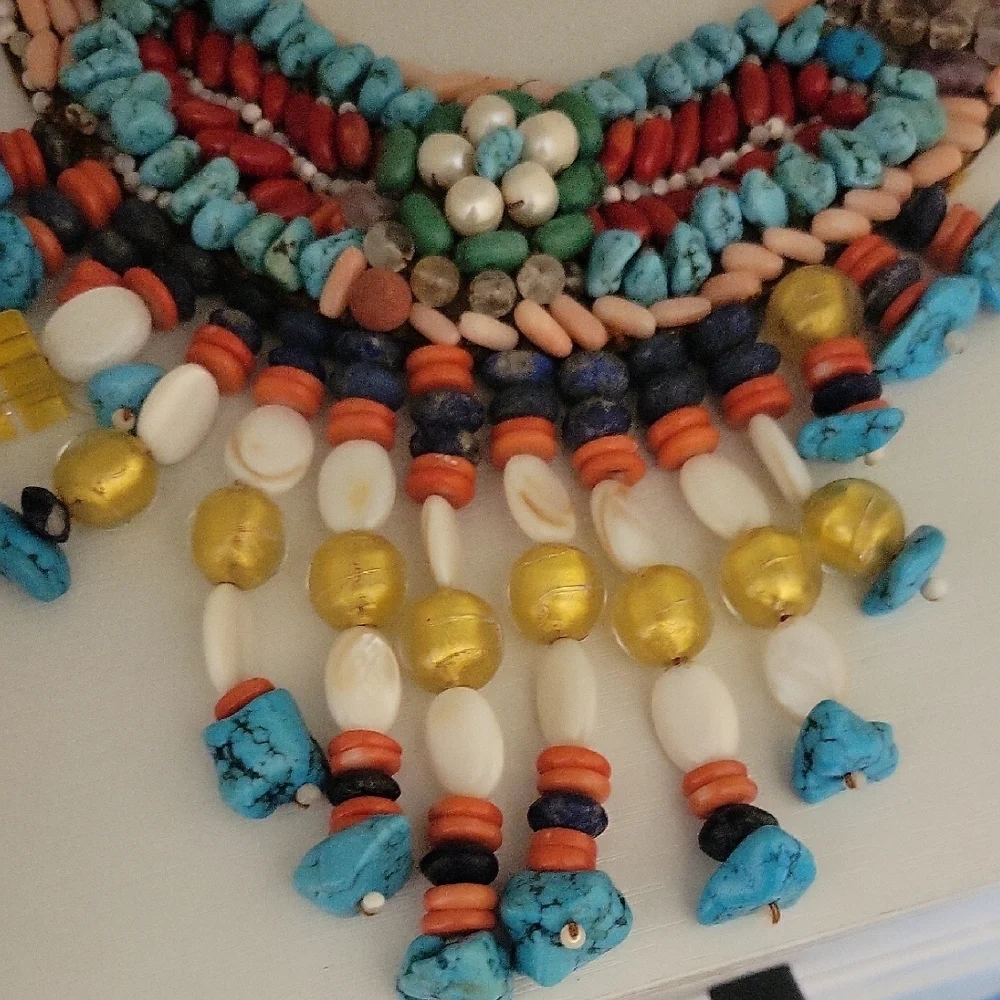 Hand Stitched Vtg Turquois,Red,Pink Coral,Fresh Pearls, Amethyst, Lapis gemstone - Picture 2 of 7